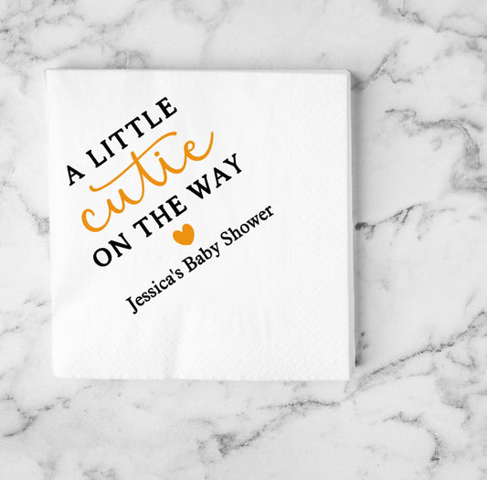 Custom Bar Napkins- Personalized WHITE Cocktail Napkins- Baby Shower Napkins- Little Cutie Baby Shower Decor-  Napkins- Bar Napkins